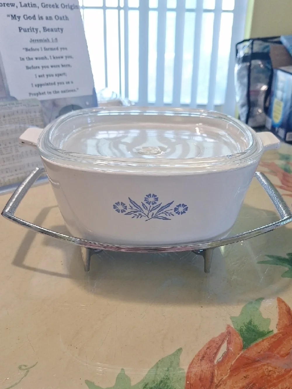 Corningware White Casserole w/ Blue Floral Motif Glass Lid And Trivit